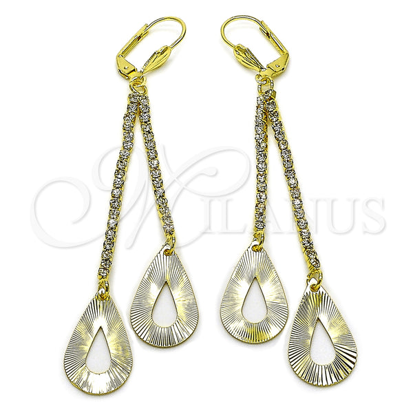 Oro Laminado Long Earring, Gold Filled Style Teardrop Design, with White Crystal, Diamond Cutting Finish, Golden Finish, 5.099.003