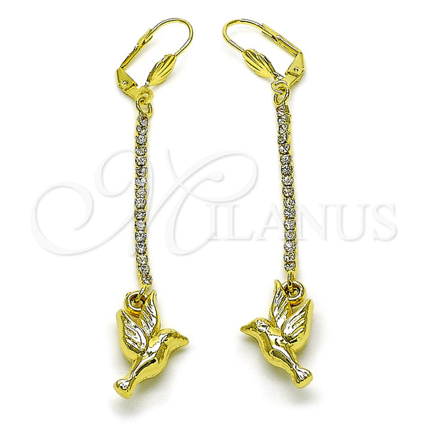 Oro Laminado Long Earring, Gold Filled Style Bird Design, with White Crystal, Polished, Golden Finish, 5.088.003