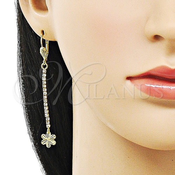 Oro Laminado Long Earring, Gold Filled Style Star and Flower Design, with White Crystal, Diamond Cutting Finish, Golden Finish, 5.086.001