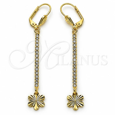 Oro Laminado Long Earring, Gold Filled Style Star and Flower Design, with White Crystal, Diamond Cutting Finish, Golden Finish, 5.086.001