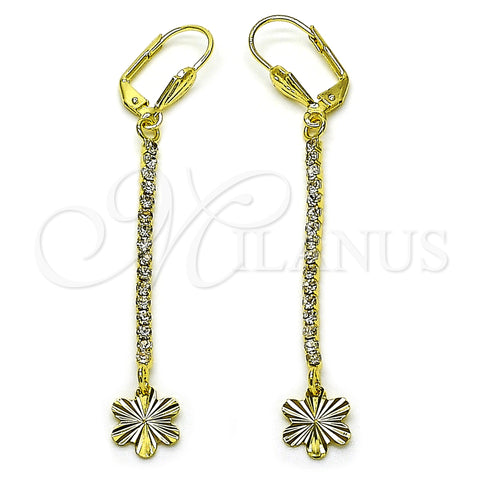 Oro Laminado Long Earring, Gold Filled Style Star and Flower Design, with White Crystal, Diamond Cutting Finish, Golden Finish, 5.086.001