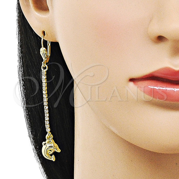 Oro Laminado Long Earring, Gold Filled Style Dolphin Design, with White Crystal, Polished, Golden Finish, 5.089.008