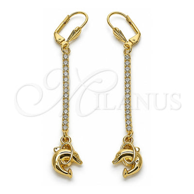 Oro Laminado Long Earring, Gold Filled Style Dolphin Design, with White Crystal, Polished, Golden Finish, 5.089.008