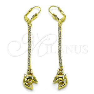 Oro Laminado Long Earring, Gold Filled Style Dolphin Design, with White Crystal, Polished, Golden Finish, 5.089.008