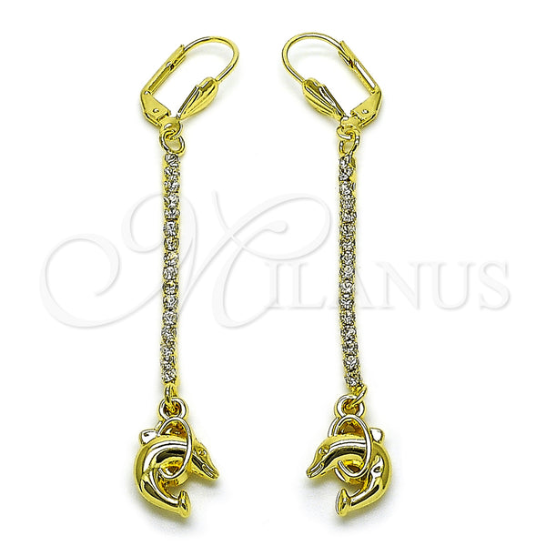 Oro Laminado Long Earring, Gold Filled Style Dolphin Design, with White Crystal, Polished, Golden Finish, 5.089.008