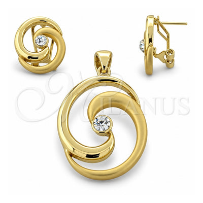 Oro Laminado Earring and Pendant Adult Set, Gold Filled Style with White Crystal, Polished, Golden Finish, 5.040.005