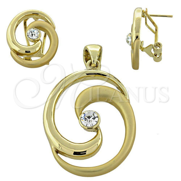 Oro Laminado Earring and Pendant Adult Set, Gold Filled Style with White Crystal, Polished, Golden Finish, 5.040.005