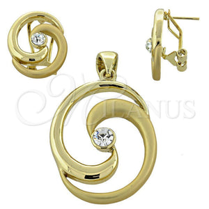 Oro Laminado Earring and Pendant Adult Set, Gold Filled Style with White Crystal, Polished, Golden Finish, 5.040.005
