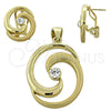 Oro Laminado Earring and Pendant Adult Set, Gold Filled Style with White Crystal, Polished, Golden Finish, 5.040.005