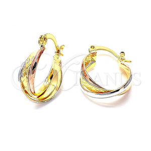 Oro Laminado Small Hoop, Gold Filled Style Twist Design, Diamond Cutting Finish, Tricolor, 02.142.0016