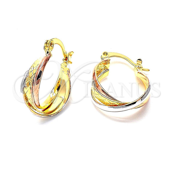 Oro Laminado Small Hoop, Gold Filled Style Twist Design, Diamond Cutting Finish, Tricolor, 02.142.0016