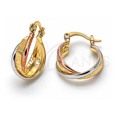 Oro Laminado Small Hoop, Gold Filled Style Twist Design, Diamond Cutting Finish, Tricolor, 5.155.007