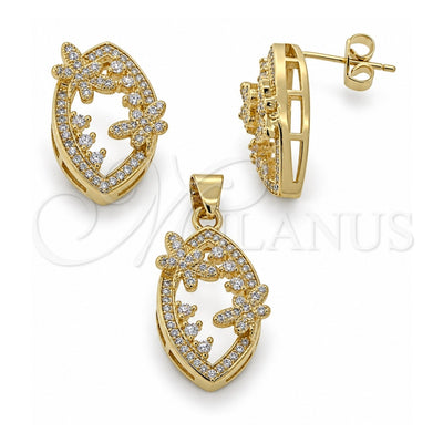 Oro Laminado Earring and Pendant Adult Set, Gold Filled Style Flower Design, with White Micro Pave, Polished, Golden Finish, 10.156.0050