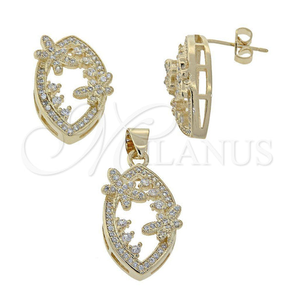 Oro Laminado Earring and Pendant Adult Set, Gold Filled Style Flower Design, with White Micro Pave, Polished, Golden Finish, 10.156.0050