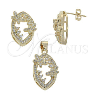 Oro Laminado Earring and Pendant Adult Set, Gold Filled Style Flower Design, with White Micro Pave, Polished, Golden Finish, 10.156.0050