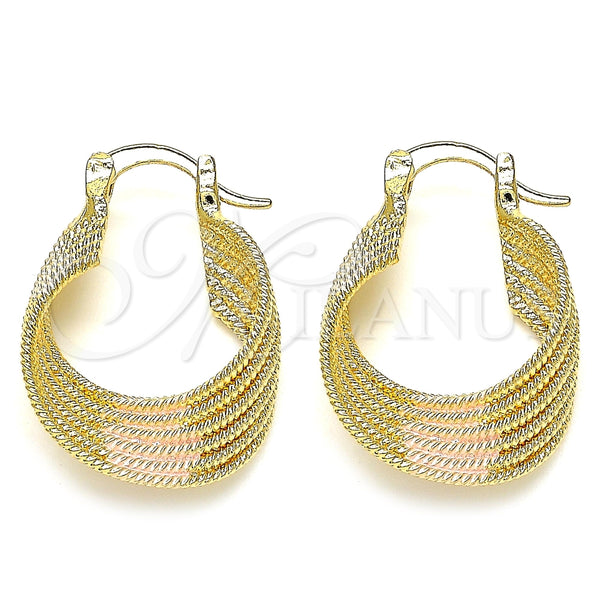 Oro Laminado Small Hoop, Gold Filled Style Twist Design, Diamond Cutting Finish, Tricolor, 5.158.010.20