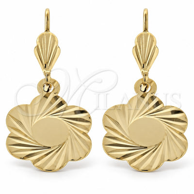 Oro Laminado Dangle Earring, Gold Filled Style Flower Design, Diamond Cutting Finish, Golden Finish, 5.098.015