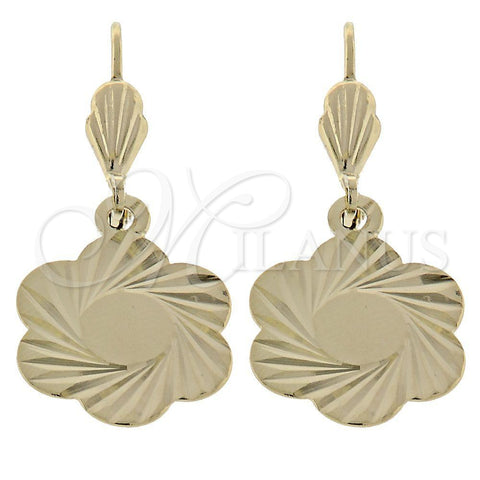 Oro Laminado Dangle Earring, Gold Filled Style Flower Design, Diamond Cutting Finish, Golden Finish, 5.098.015
