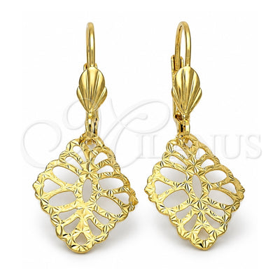 Oro Laminado Dangle Earring, Gold Filled Style Leaf Design, Diamond Cutting Finish, Golden Finish, 5.068.017