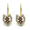 Oro Laminado Leverback Earring, Gold Filled Style Heart Design, with Amethyst and White Crystal, Polished, Golden Finish, 5.125.001.1