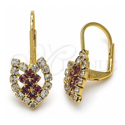 Oro Laminado Leverback Earring, Gold Filled Style Heart Design, with Amethyst and White Crystal, Polished, Golden Finish, 5.125.001.1