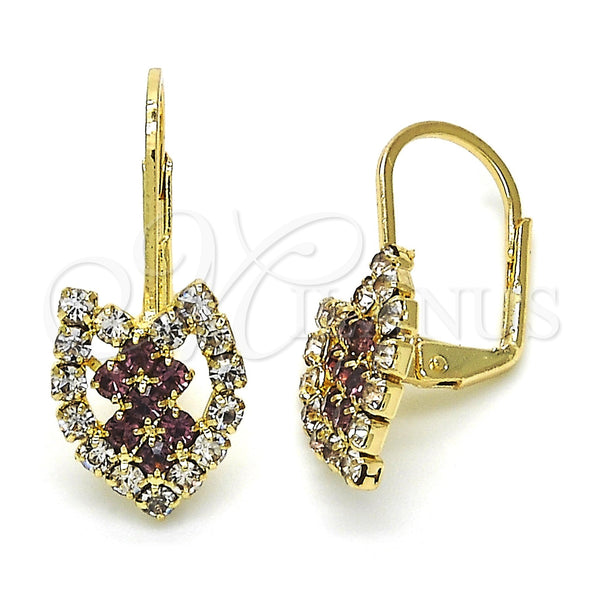Oro Laminado Leverback Earring, Gold Filled Style Heart Design, with Amethyst and White Crystal, Polished, Golden Finish, 5.125.001.1