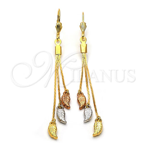 Oro Laminado Long Earring, Gold Filled Style Leaf Design, Diamond Cutting Finish, Tricolor, 5.071.010