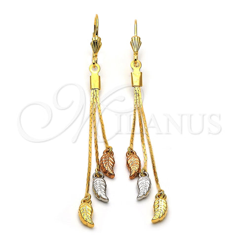 Oro Laminado Long Earring, Gold Filled Style Leaf Design, Diamond Cutting Finish, Tricolor, 5.071.010