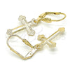 Oro Laminado Dangle Earring, Gold Filled Style Cross Design, Diamond Cutting Finish, Golden Finish, 5.111.015