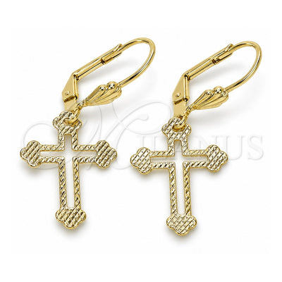 Oro Laminado Dangle Earring, Gold Filled Style Cross Design, Diamond Cutting Finish, Golden Finish, 5.111.015