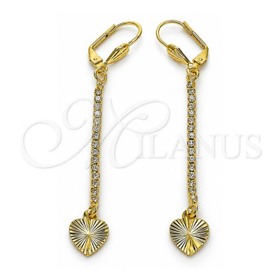 Oro Laminado Long Earring, Gold Filled Style Heart Design, with White Crystal, Diamond Cutting Finish, Golden Finish, 5.074.008.1