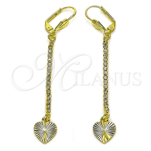 Oro Laminado Long Earring, Gold Filled Style Heart Design, with White Crystal, Diamond Cutting Finish, Golden Finish, 5.074.008.1