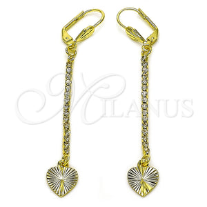 Oro Laminado Long Earring, Gold Filled Style Heart Design, with White Crystal, Diamond Cutting Finish, Golden Finish, 5.074.008.1