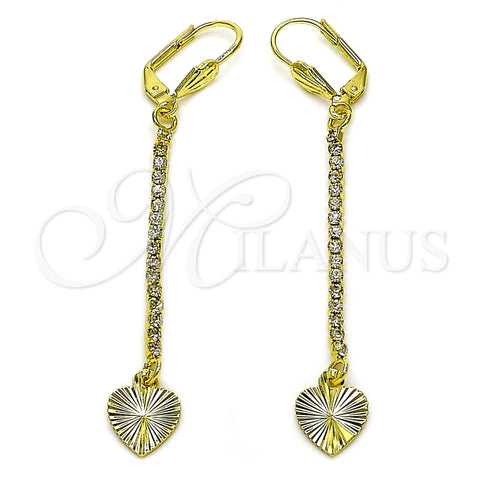 Oro Laminado Long Earring, Gold Filled Style Heart Design, with White Crystal, Diamond Cutting Finish, Golden Finish, 5.074.008.1