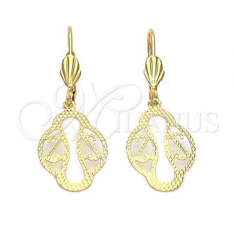 Oro Laminado Dangle Earring, Gold Filled Style Leaf Design, Diamond Cutting Finish, Golden Finish, 5.121.017