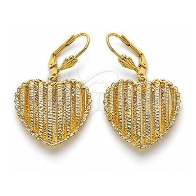 Oro Laminado Dangle Earring, Gold Filled Style Heart Design, Diamond Cutting Finish, Golden Finish, 5.081.011