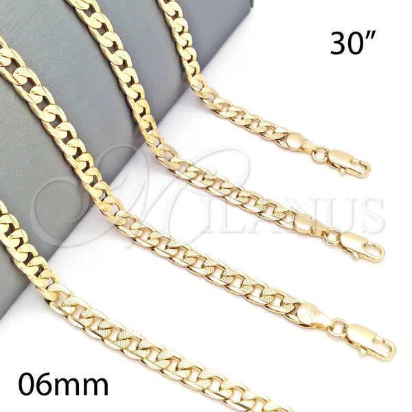 Oro Laminado Basic Necklace, Gold Filled Style Pave Cuban Design, Diamond Cutting Finish, Golden Finish, 5.223.004.30 (140 Gauge, 06 MM Thickness, 30 Inches Length)