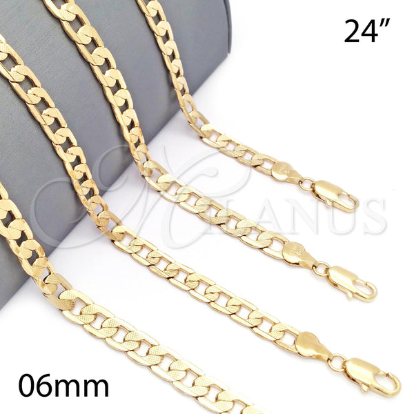 Oro Laminado Basic Necklace, Gold Filled Style Pave Cuban Design, Diamond Cutting Finish, Golden Finish, 5.223.003.24 (160 Gauge, 06 MM Thickness, 24 Inches Length)