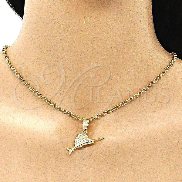 Oro Laminado Fancy Pendant, Gold Filled Style Fish Design, Diamond Cutting Finish, Golden Finish, 5.180.029