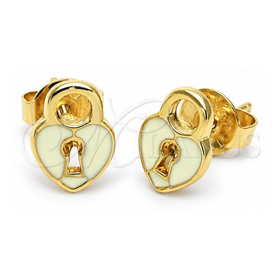 Oro Laminado Stud Earring, Gold Filled Style Heart Design, White Enamel Finish, Golden Finish, 02.64.0204 *PROMO*