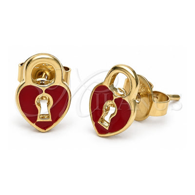 Oro Laminado Stud Earring, Gold Filled Style Heart Design, Red Enamel Finish, Golden Finish, 02.64.0205 *PROMO*