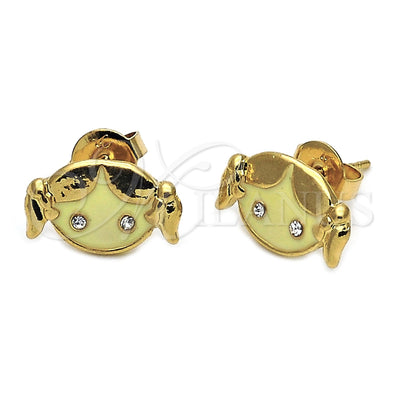 Oro Laminado Stud Earring, Gold Filled Style Little Girl Design, with White Crystal, Yellow Enamel Finish for wholesale, main product view