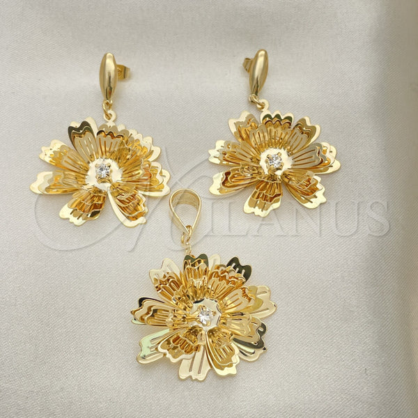 Oro Laminado Earring and Pendant Adult Set, Gold Filled Style Flower Design, with White Cubic Zirconia, Polished, Golden Finish, 5.043.004