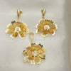 Oro Laminado Earring and Pendant Adult Set, Gold Filled Style Flower Design, with White Cubic Zirconia, Polished, Golden Finish, 5.043.004