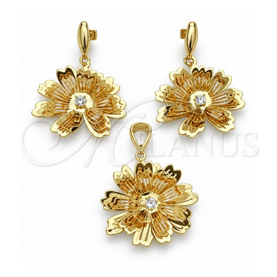 Oro Laminado Earring and Pendant Adult Set, Gold Filled Style Flower Design, with White Cubic Zirconia, Polished, Golden Finish, 5.043.004