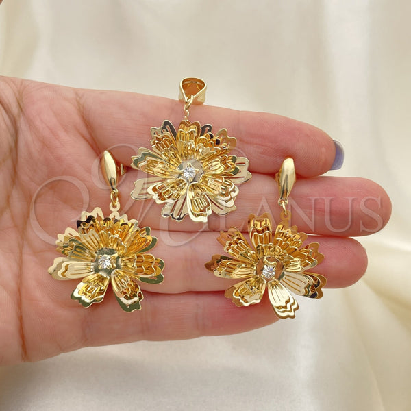 Oro Laminado Earring and Pendant Adult Set, Gold Filled Style Flower Design, with White Cubic Zirconia, Polished, Golden Finish, 5.043.004