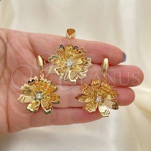Oro Laminado Earring and Pendant Adult Set, Gold Filled Style Flower Design, with White Cubic Zirconia, Polished, Golden Finish, 5.043.004