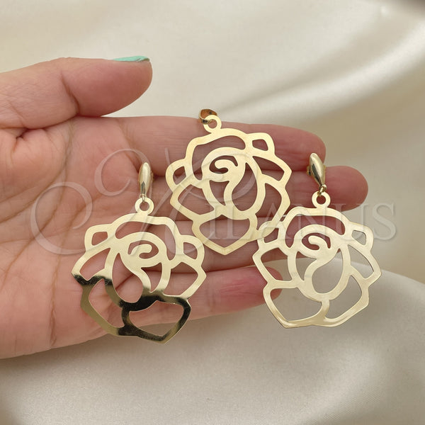 Oro Laminado Earring and Pendant Adult Set, Gold Filled Style Flower Design, Polished, Golden Finish, 5.062.002
