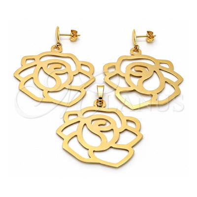 Oro Laminado Earring and Pendant Adult Set, Gold Filled Style Flower Design, Polished, Golden Finish, 5.062.002