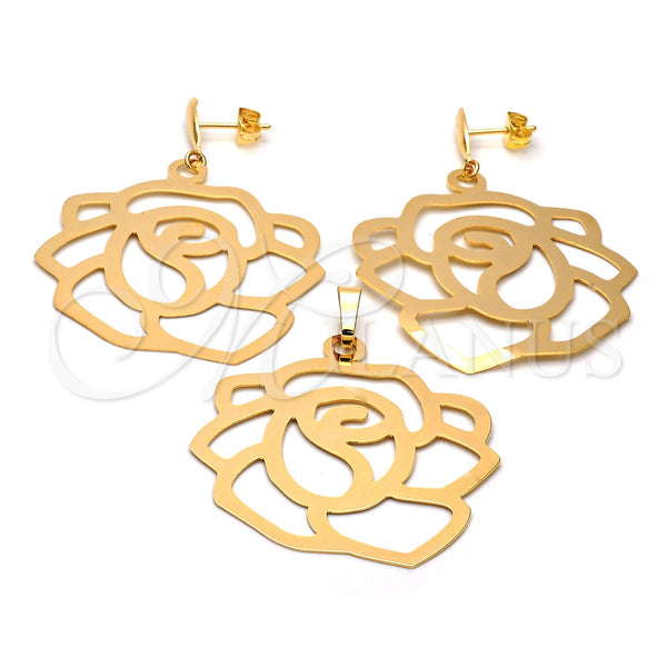 Oro Laminado Earring and Pendant Adult Set, Gold Filled Style Flower Design, Polished, Golden Finish, 5.062.002